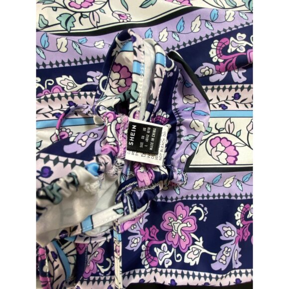 Purple blue Floral Print Halter Crop Top Flared Pants Set large Sexy‎ Hippie Y2K - Picture 4 of 6